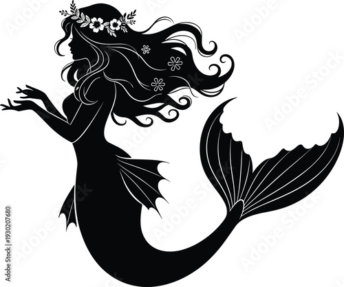 Flower crown mermaid silhouette vector illustration, graceful mythical sea siren with flowing hair and elegant tail, fantasy ocean art