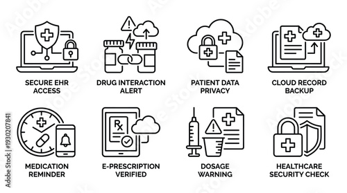Secure EHR access, drug interaction alert, patient data privacy, cloud record backup line icon collection