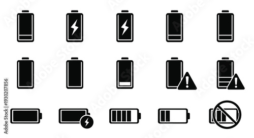Various battery charge levels and symbols in a black silhouette