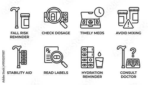 Senior healthcare icons for fall risk, medication reminders, and doctor consultation