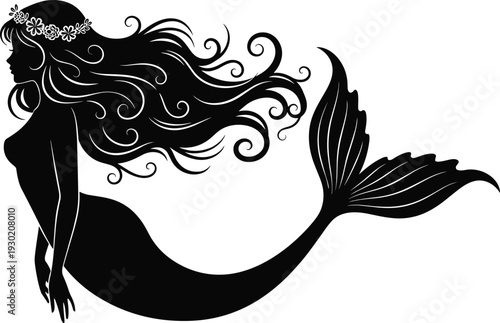 Floral mermaid silhouette vector illustration, beautiful mythical sea siren with flowing curly hair and elegant tail, fantasy ocean design