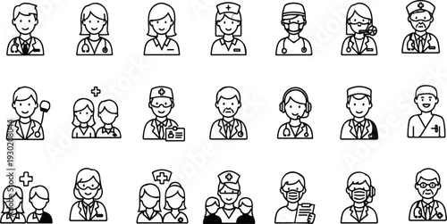 Medical Professionals Icon Set: Minimalist Line Art Avatars of Doctors, Nurses, and Healthcare Staff