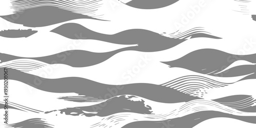 Blue abstract background with a vector illustration of a summer sea wave pattern featuring marine nature elements like a dolphin silhouette and sun in a minimalist water landscape design