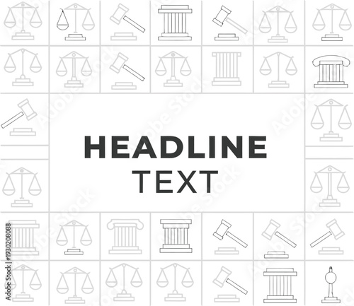 A graphic design template featuring various law icons and a central headline text area on a white background