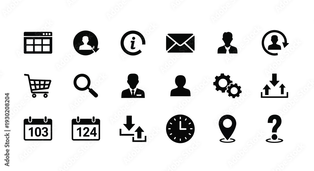 Fototapeta premium Collection of black icons depicting common interface elements silhouette