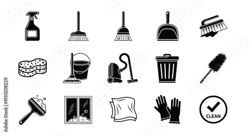 Cleaning tools and supplies depicted in a monochrome silhouette