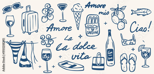 Hand drawn Italian travel and lifestyle doodle set with wine, suitcase, seafood, citrus, sandals, beachwear, and typography elements. Vintage sketch style illustration inspired by Italy culture for tr
