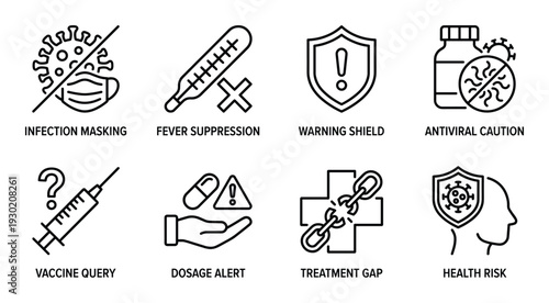 Virus infection masking and antiviral caution medical symbols highlighting health risk and treatment
