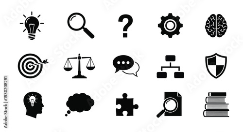 Black icons representing concepts of thought justice and creativity silhouette