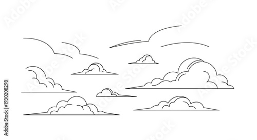 Hand-drawn cloud illustrations, simple line art, white background, sketch style