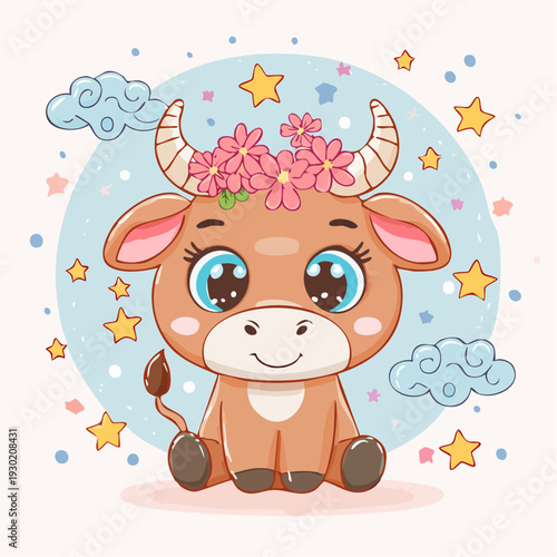 A cartoon cow with flowers on its head sits surrounded by stars and clouds