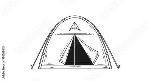 Hand-drawn illustration of a camping tent with open door, minimalist sketch on white background