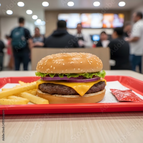 เบอร์เกอร์และเฟรนช์ฟรายส์บนถาดในร้านฟาสต์ฟู้ด / Burger and fries on a tray in a fast food restaurant