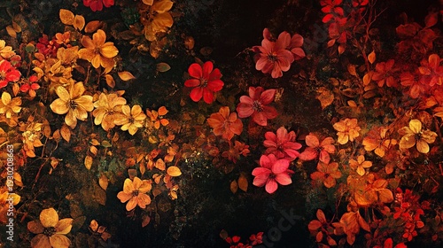 A dark, moody image showcases a dense collection of vibrant red, orange, and yellow flowers, creating a rich, autumnal floral pattern against a black background.