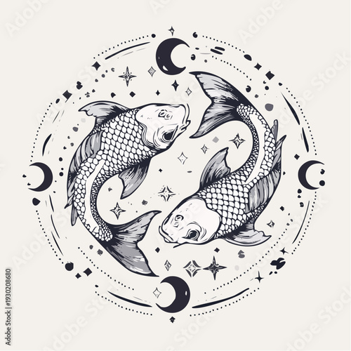 Two koi fish intertwined in a circular pattern surrounded by celestial elements and astrological symbols in a mystical illustration