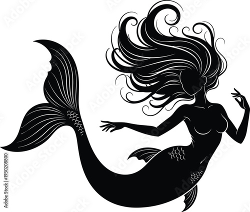 Artistic mermaid silhouette vector illustration, curly flowing hair mythical sea siren with detailed tail, elegant fantasy ocean design