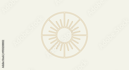 Golden Sunburst Emblem, Abstract Geometric Circle with Rays, Minimalist Design