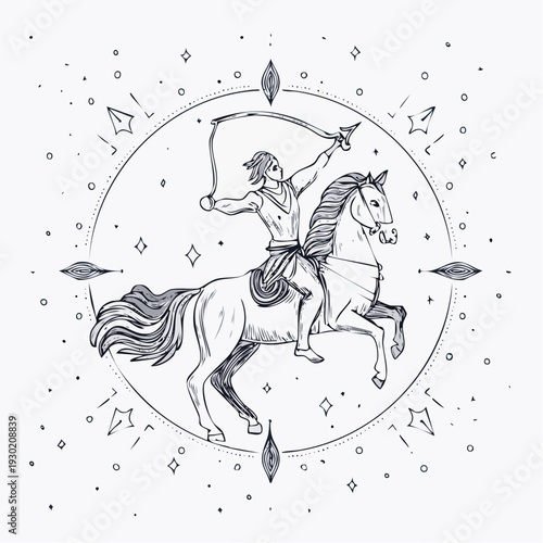 A centaur archer riding a horse and shooting an arrow, surrounded by stars and celestial elements, in a circular frame.