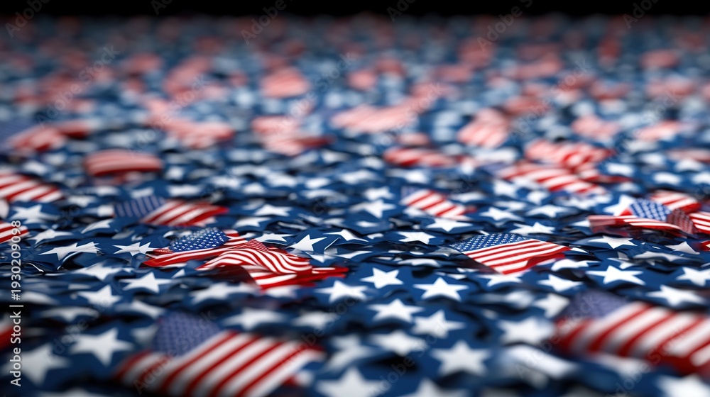 Fototapeta premium A vast expanse is covered with countless miniature American flags, creating a dense and textured pattern.