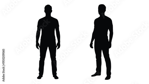 Two black silhouettes of men standing side by side isolated on white background, Vector
