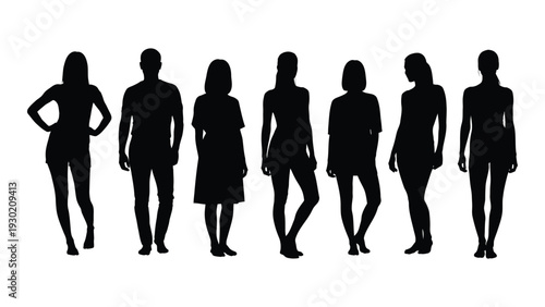 Seven people standing in a row in silhouette isolated on white background, Vector