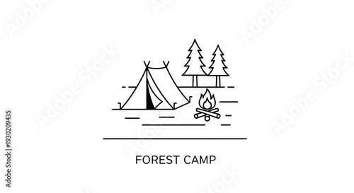 Forest Camp Icon: Tent, Campfire, and Trees - Outdoor Adventure Line Art