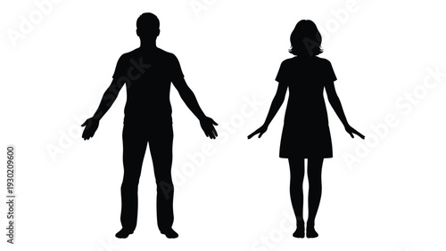 A man and woman standing side by side in black silhouette isolated on white background, Vector