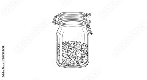 Glass Jar Filled with Grains, Kitchen Storage, Healthy Food Ingredient, Black and White Sketch