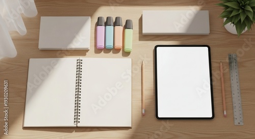 Minimalist Student Desk Flat Lay with Tablet Mockup, Spiral Notebook, and Pastel Highlighters - Back to School Concept