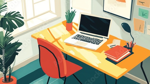 A bright and inviting home office scene features a laptop on a wooden desk, surrounded by plants, books, and a warm lamp, creating a productive workspace.