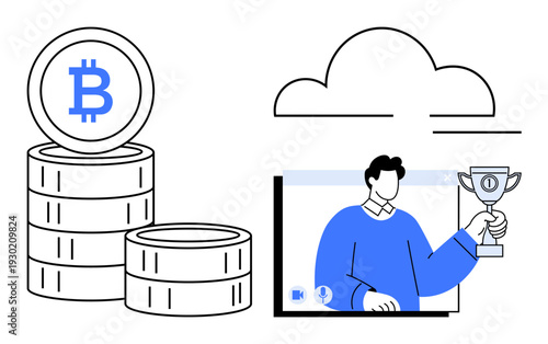 Bitcoin coin stack near cloud and person holding trophy on digital window representing blockchain, digital currency, cloud storage, technology, and investment. Ideal for cryptocurrency, fintech
