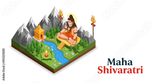 3D isometric illustration of Lord Shiva meditating in a serene mountain landscape with a river and torches on Maha Shivaratri.