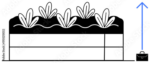 Sustainable agriculture, urban farming, green technology, food production, growth strategy, innovation. Illustration of layered soil with crops and an upward arrow. Sustainable agriculture and urban