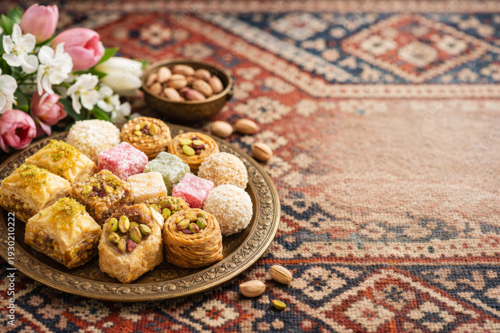 Fototapeta premium Oriental sweets on tray with flowers on carpet. Persian spring New Year Nowruz celebration concept.