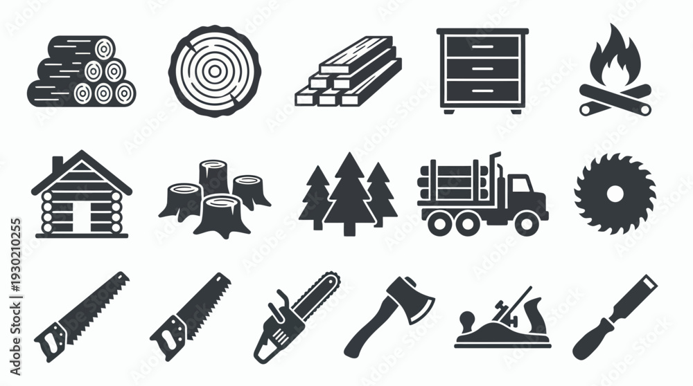 Obraz premium Collection of black flat icons representing lumberjack tools and timber industry elements on white background, concept for woodworking industry, forestry business and carpentry branding