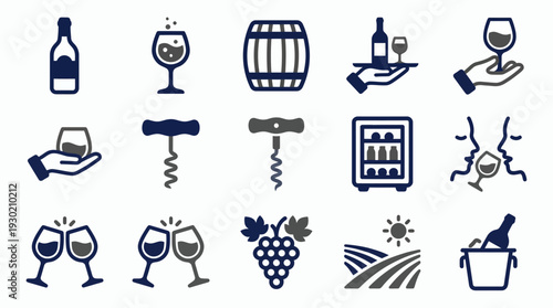 Set of wine icons featuring bottles, glasses, barrels and vineyard elements with sommelier hands on white background, concept for restaurant branding, winery marketing and menu design