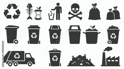 Set of waste management and recycling icons with trash bins, garbage truck, organic waste and factory symbols, concept for environmental infographic, waste disposal and urban sanitation