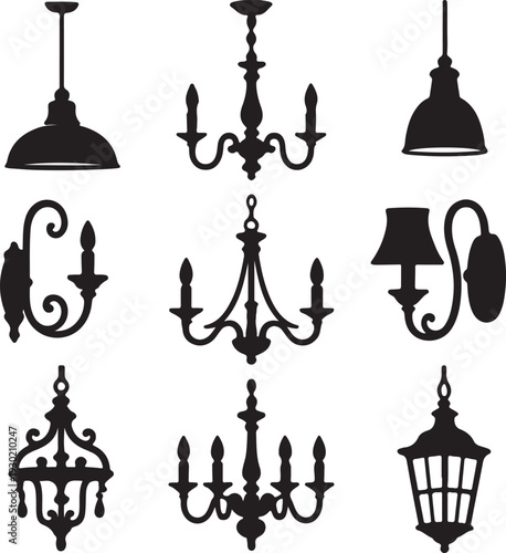 decorative light fixtures, including vintage pendant lights, chandeliers, and sconces for elegant interior design set silhouette vector