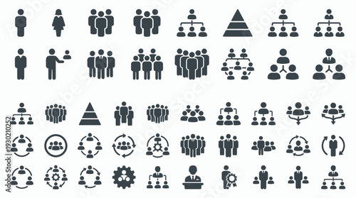 Professional business executive silhouettes featuring corporate manager icons and organizational hierarchy charts, concept for leadership development, recruitment and team management