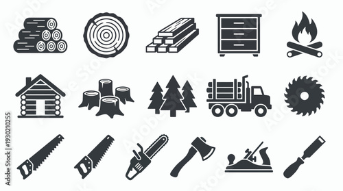 Collection of black flat icons representing lumberjack tools and timber industry elements on white background, concept for woodworking industry, forestry business and carpentry branding