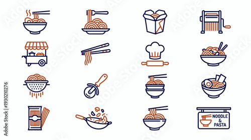 Set of noodle and pasta line icons featuring bowls, ramen, chopsticks, food truck and cooking tools on white background, concept for restaurant branding, food menu and culinary interface design