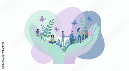 Large hands holding office manager with laptop and meditating staff plus executive partners shaking hands with family, concept for social responsibility, wellbeing and human resources