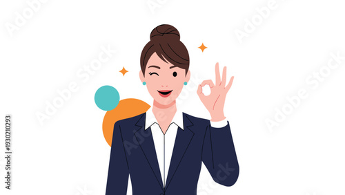 Confident businesswoman in a dark blue suit making an okay sign with her hand and winking with a friendly smile.