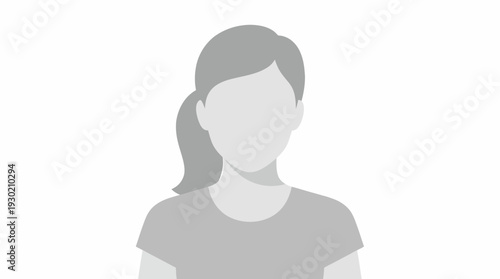 Grey female user profile avatar icon with ponytail hairstyle in flat vector illustration style, concept for corporate human resources database, executive profile and employee ID system