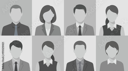 Diverse faceless profile icons of business directors and office assistants in formal suits, concept for human resources management, employee staff directory and organizational chart