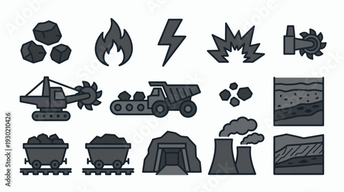 Set of gray coal mining industry icons featuring bucket wheel excavator, haul truck, mine carts and power plant, concept for energy infographics, fossil fuel logistics and industrial design