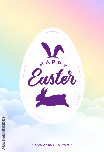 happy easter greeting card with bunny and egg on pastel rainbow background