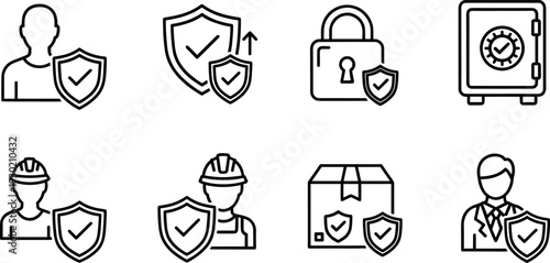 Security Protection Line Icons Set with User Shield Lock Safe Worker Package and Business Safety