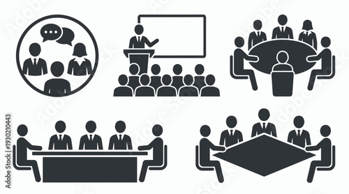 Business meeting icons set featuring executives in boardrooms, managers presenting to audience and team discussions, concept for corporate leadership, professional seminar and strategy