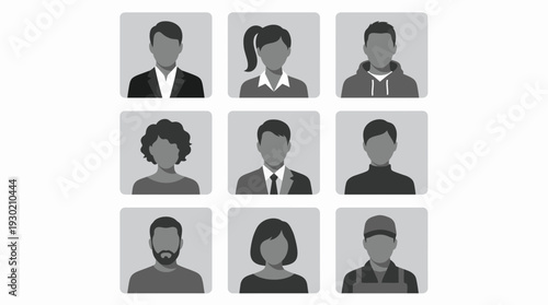 set of diverse professional avatar icons representing various office workers and business executives, concept for corporate team profiles, human resources recruitment and user identity
